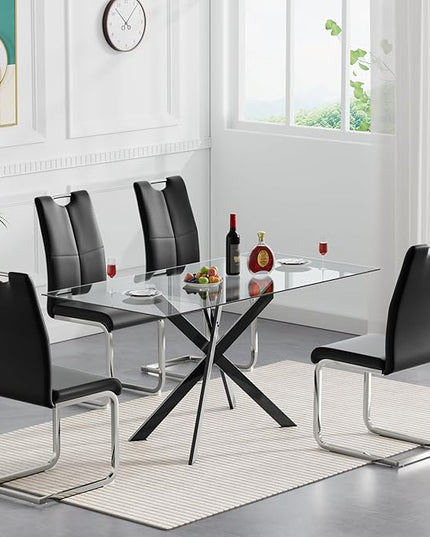 5 Piece Glass Dining Table Set, Glass Kitchen Dining Room Table Set for 4, 61" Modern Rectangular Black Glass Metal Dining Table with 4 Black PU Leather Dining Chairs for Kitchen Dining Room