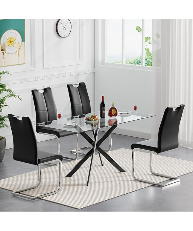 HomVent 5 Pieces Rectangular Glass Dining Table Table Set, Glass Kitchen Table Set for 4 with 4 PU Dining Chairs for Kitchen Dining Room