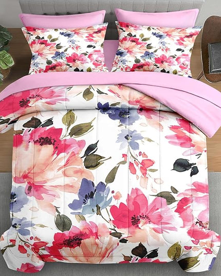 Comforter Set Queen Size, Flower Floral Leaf 7 Pcs Bedding for Kids and Adults, Painting Summer Spring Bed Sheet Sets with Fitted Sheet 2 Pillowcases & 2 Shams for Bedroom Bed Decor