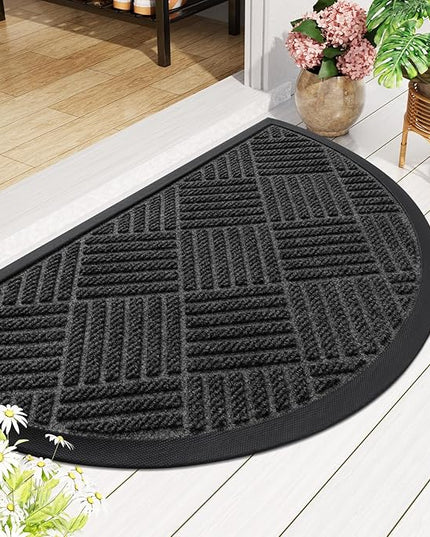 Smiry Half Circle Front Door Mat Outside Entrance, Heavy Duty Outdoor Indoor Natural Rubber Doormat, Non Slip, Trap Dirt and Moisture, Easy Clean, Low Profile Patio Porch Entryway Mat, 29.5x17, Black