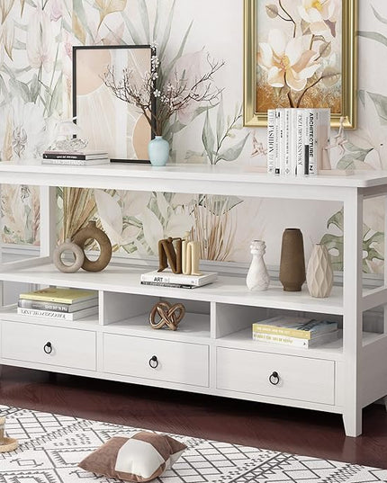 Karl home Console Table with 3 Bottom Drawers, 57.9" W Sofa Side Table Entryway Desk with 3 Storage Cubbies 1 Open Shelf, Vintage TV Stand for Hallway Living Room Office, White 29.9" H