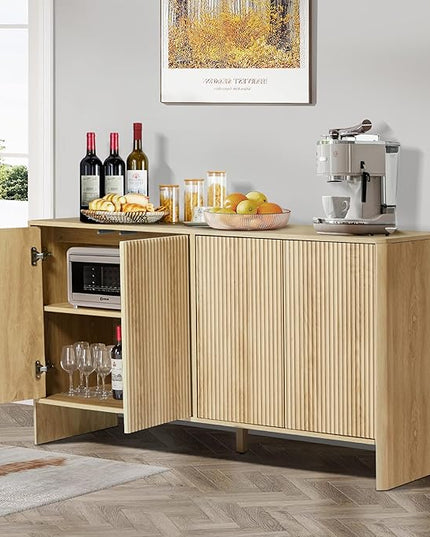 Sideboard Buffets Cabinet, Modern Accent Storage Cabinet with 4 Fluted Doors and Adjustable Shelves, Wood Credenza Buffet Sideboards, Console Table for Kitchen Dining Living Room Entryway (Natural)