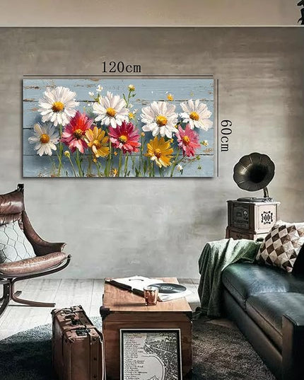 KZKU Rustic Daisy Floral Canvas Wall Art-White Pink Yellow Flowers on Blue Wood Background- Large Modern Farmhouse Decor for Living Room Bedroom24X48in