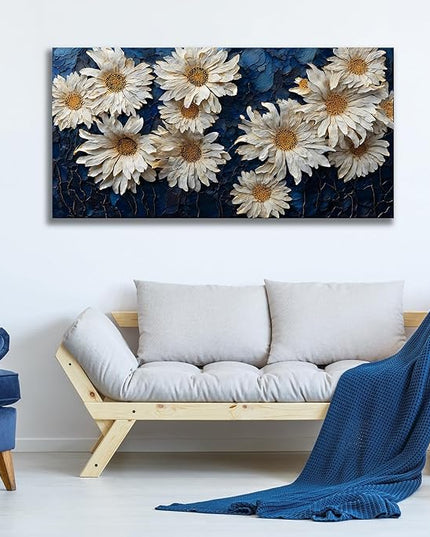 HUADAOART White Daisy Canvas Wall Art Navy Blue Background 48 x 24 inches Contemporary Floral Painting Living Room Bathroom Ready to Hang