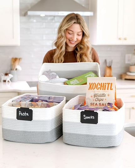 NaturalCozy Storage Baskets 16.8”x13”x7.6” Cotton Rope Woven Baskets for Organizing 3-Pack | Toy Storage Bins | Basket for Shelves, Laundry, Blanket, Clothes, Closet, Kitchen, Bathroom, Gifts