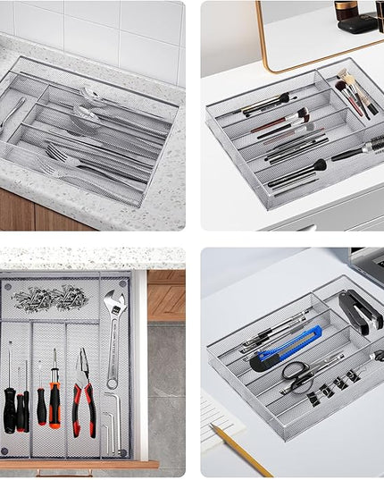 Neudeco Silverware Drawer Organizer Holder, Cutlery Tray Silverware Flatware Storage Divider for Kitchen, Bedroom, Living Room,Mesh Wire with Non-slip foam Feet, 5 Compoment（ Silver）