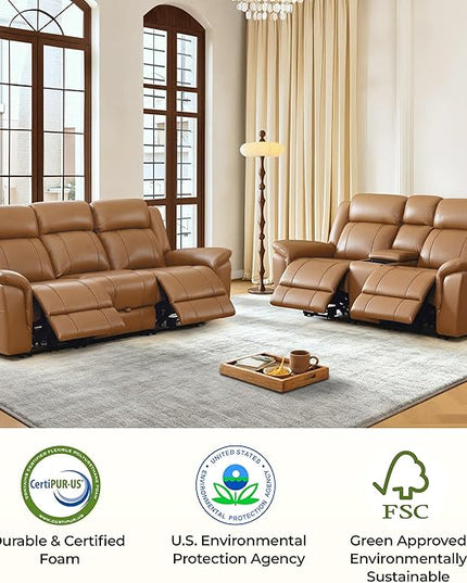 CHITA Genuine Leather Power Recliner Sofa, Wall Hugger Reclining Loveseat with Console, Power Headrest, Charging Ports, Reclining Sectional Couch for Living Room, RV, Saddle