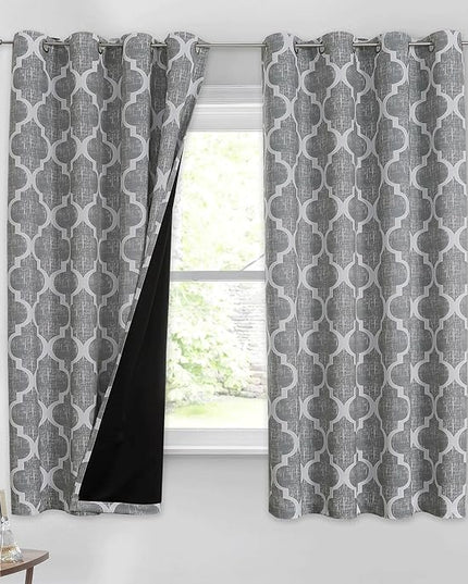 Beauoop 100% Blackout Curtains 54 Inches Long 2 Panels for Bedroom Living Room Grey Moroccan Geo Room Darkening Thermal Insulated Soundproof Grommet Top Window Treatments Drapes, 50x54 Set of 2