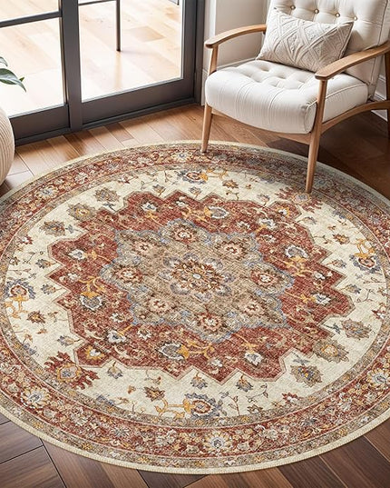 Washable Oriental Area Rug - 6ft Round Rugs for Living Room Soft Carpet for Bedroom Waterproof Floral Distressed Indoor Stain Resistant Non-Shedding Floor Carpets (Red, 6ft-Round)