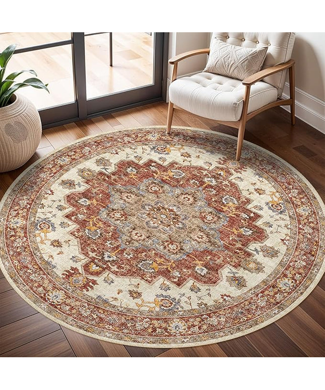 Washable Oriental Area Rug - 6ft Round Rugs for Living Room Soft Carpet for Bedroom Waterproof Floral Distressed Indoor Stain Resistant Non-Shedding Floor Carpets (Red, 6ft-Round)