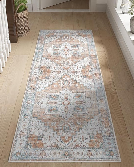 jinchan Tribal Runner Rug 2x7 - Kitchen Machine Washable Vintage Floral Non-Slip with Rubber Backing Ultra-Thin Low-Pile Carpet Runner for Hallway Entryway Bedroom Laundry Room (2x7ft, Orange)