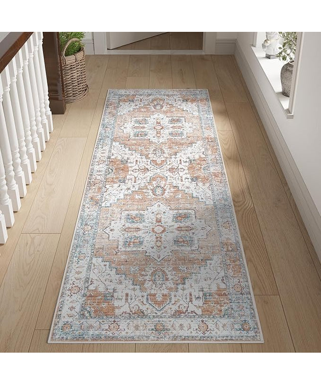 jinchan Tribal Runner Rug 2x6 - Kitchen Machine Washable Vintage Floral Non-Slip with Rubber Backing Ultra-Thin Low-Pile Carpet Runner for Hallway Entryway Bedroom Laundry Room (2x6ft, Orange)