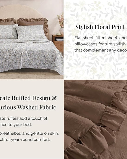 Full Comforter Set - 7 Pieces Ruffle Amber Brown Bedding Sets, Shabby Chic Farmhouse Bed in a Bag with Ruffle Comforter, Floral Sheets, Pillowcases & Shams