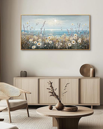 PHAOHUAXM Wall Decor For Living Room Wall Art For Bedroom Office Decorations Blue Ocean Paintings Flowers Watercolour Wall Pictures Canvas Artworks Home Decor Ready To Hang Wood Framed 20x40 In