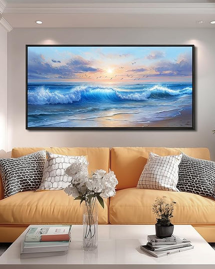 XIGUANGART Canvas Wall Art For Living Room Blue Sea Wave and Large Coastal Beach Paintings Sunrise Seascape Pictures Artwork Ocean Home Decorations Wall Decor for Bedroom Bathroom Hallway Office
