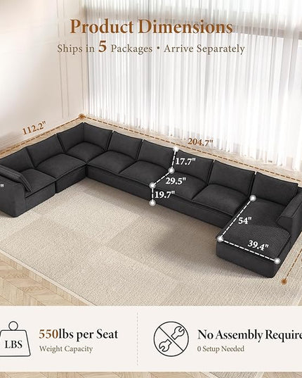 Vesgantti 204.7" Oversized Boneless Sectional Couch, Modern 9 Seater Modular Sofa with Chaise, Deep Seat Convertible Corduroy Cloud Couches for Living Room, No Assembly Required, Black