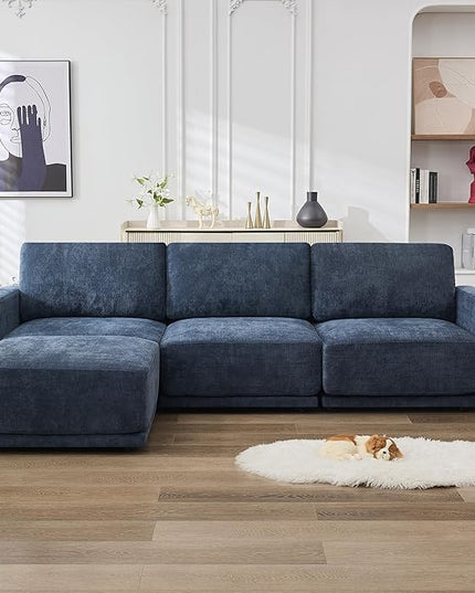110.6" L Shaped Modular Sectional Sofa Modern Chenille Comfy Couch with Thickened Seat Cushions, Easy Assembly, Upholstered 4 Seater Couch with Movable Ottoman for Living Room, Blue