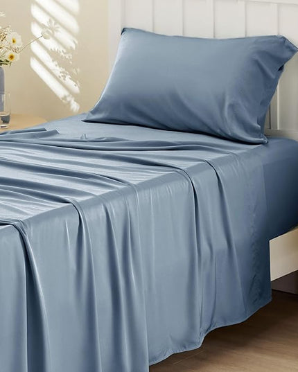 Bedsure Cooling Sheets Twin, Rayon Derived from Bamboo, Breathable & Soft Twin Sheets Set, Deep Pocket Up to 16 Inches, Hotel Luxury Silky Bedding for Hot Sleepers, Dusty Blue