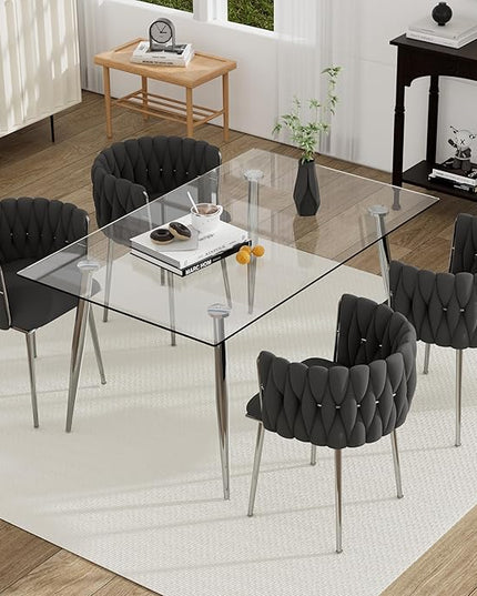 5 Piece Modern Glass Dining Room Set, 51'' Luxury Minimalist Dinner Room Set for 4, 4 Person Clear Glass Rectangle Kitchen Table with Black Woven Chair, for Living Room Small Place (Silver)
