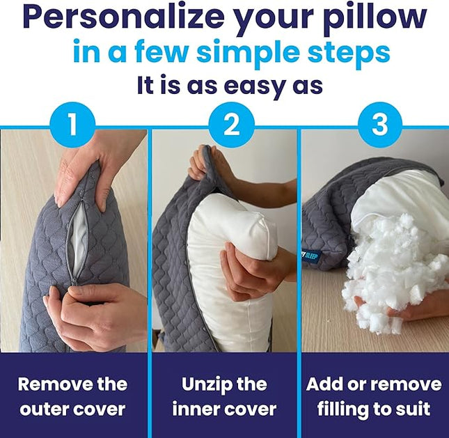 Sidney Sleep Bed Pillow for Side and Back Sleepers - Queen Size - Adjustable Filling - Memory Foam Pillow for Neck and Shoulder Support - Customizable Loft - Additional Foam Bag Included (Grey)