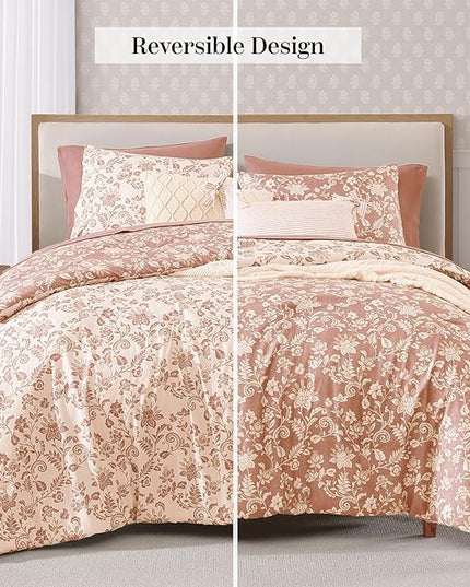 Queen Comforter Set -7 Pieces Clay Pink Floral Comforter Set for All Seasons, Bed in a Bag Queen with Botanical Flowers Comforter, Sheets, Pillowcases & Shams