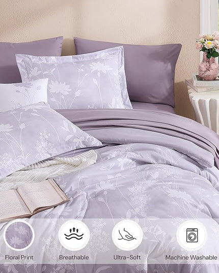King Comforter Set -7 Pieces Floral Purple Comforter Set for All Seasons, Bed in a Bag King with Botanical Flowers Comforter, Sheets, Pillowcases & Shams