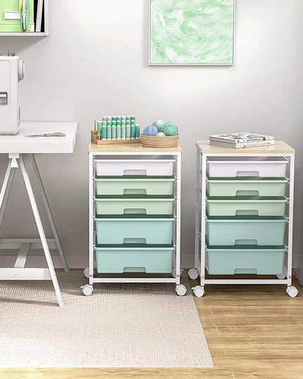 Craft cart,Rolling Cart with Drawers,Storage Cart with 5 Drawers and Wooden Tabletop for Under Desk Organizers and Storage,Green