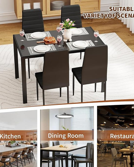 FDW | Dining Table Set for 4 | 5-Piece Glass Black Dining Table | Kitchen Table with 4 Upholstered Chairs and Faux Leather Cushions | Space-Saving and Modern Design | for Dining Room, Easy to Assemble