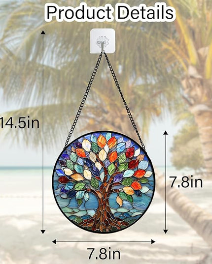 Stained Glass Window Hanging, Colorful Tree of Life Sun Catchers Glass Panel Blue Suncatcher Decor for Birthday for Women, Men, Wife, Aunt, and Mom 7.8 in