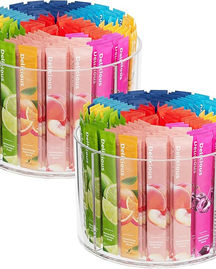 2-Pack Rotating Drink Mix Organizer, Spinning Drink Packet Holder, Clear Lazy Susan Turntable for Powdered Mixes, Divided Drink Storage Organizer