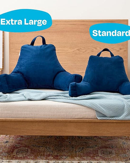 LINENSPA Reading Pillow with Shredded Memory Foam- Back Pillow for Sitting in Bed, Reading, Gaming, Watching TV – Bed Chair Pillow with Arms, Dorm Room Essentials, Navy