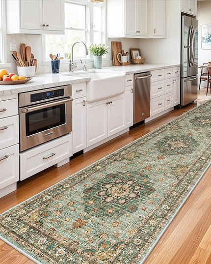 Washable Oriental Hallway Runner Rug - 3x14 Rugs for Living Room Soft Carpet for Bedroom Kitchen Waterproof Floral Distressed Indoor Stain Resistant Non-Shedding Floor Carpets (Green, 3X14)