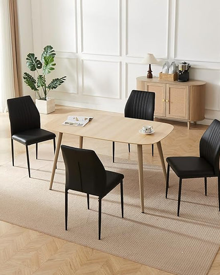 Modern 4-Piece Dining Table Set with Leather Chairs | 55.1 Inch Wood Kitchen Table & 4 Black Leather Seats | Space-Saving Durable Furniture for Small Spaces, Dining Room, Breakfast Nook
