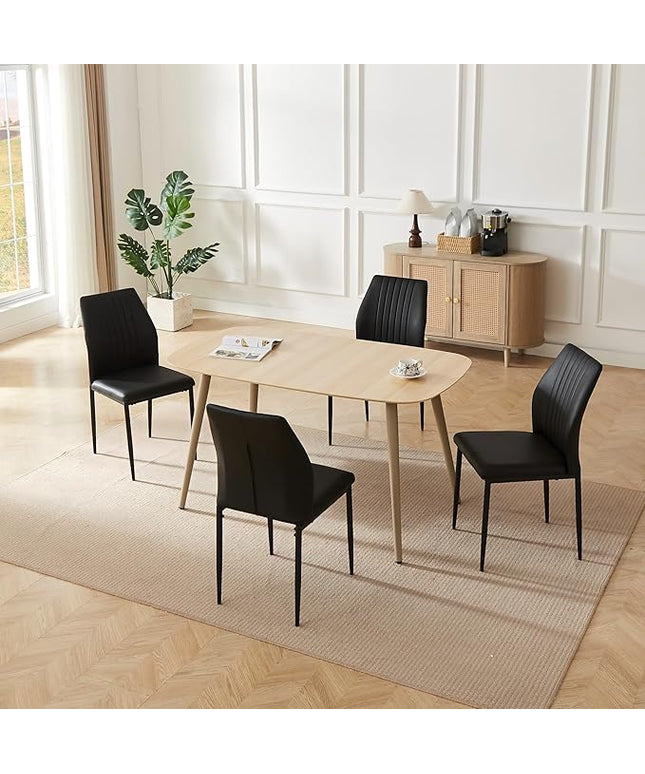 Modern 4-Piece Dining Table Set with Leather Chairs | 55.1 Inch Wood Kitchen Table & 4 Black Leather Seats | Space-Saving Durable Furniture for Small Spaces, Dining Room, Breakfast Nook