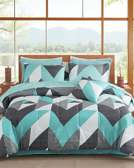Bedbay Teal Comforter Set with Sheets Lightweight Summer Comforter Queen Size Bed in a Bag Geometric Chevron Bed Set Bedroom Decor Aesthetic Grey and Turquoise Down Comforter Set (Teal&Grey,Queen)