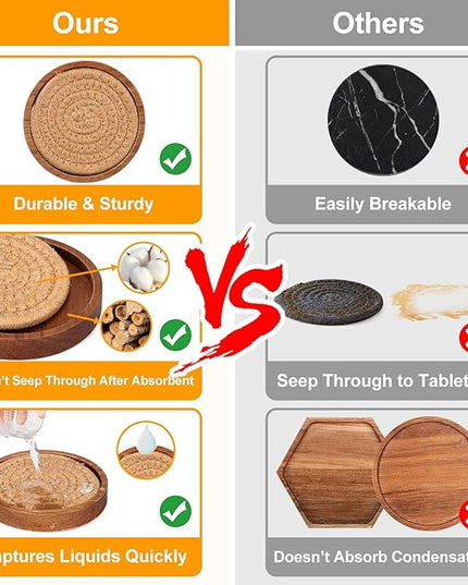 5 Pcs Best Absorbent Wooden Coasters Set - 4 Inches Brown Woven Coaster Modern Acacia Wood Coasters for Drinks, Coffee Table Decor, Farmhouse, Bar, Office, Beer, Kitchen, Dining Room, Outdoor, Desk