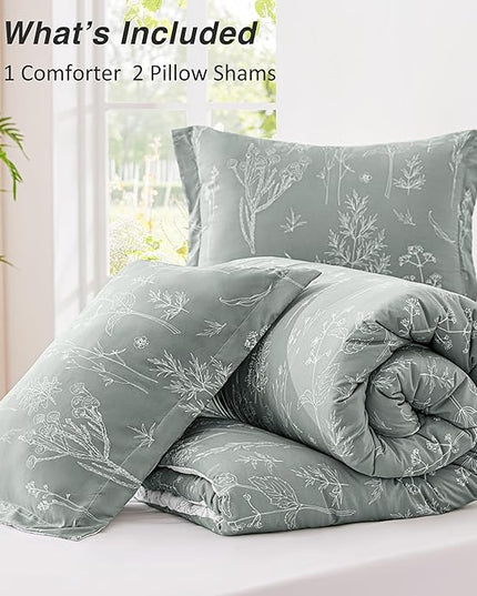 Love's cabin Grey Queen Comforter Set - Queen Size Comforter Set, 3 Pieces Cute Floral Bedding Sets for All Seasons,1 Soft Reversible Botanical Flowers Comforter and 2 Pillow Shams