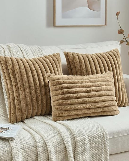 FUTEI Camel Throw Pillow Covers Set of 2, 12x20 Inch Striped Texture Lumbar Pillow Cases with Soft Faux Rabbit Fur Front & Velvet Back, Modern Decorative Couch Pillows for Living Room