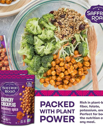 Saffron Road Roasted Bombay Spice Crunchy Chickpeas | High-Protein, Vegan, Gluten-Free, Non-GMO, Halal & Kosher Certified Snack | 5.4 oz Resealable Pouch | Pack of 6