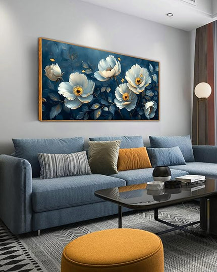 Ouzzlie White Floral Canvas Wall Art for Bedroom Large Blue Wall Decor Plant Picture Artwork 24" x 48"