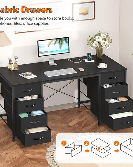 50 Inch Computer Desk with 8 Drawers, Home Office Desk with Power Outlets, Work Study Gaming Desk with 8 Fabric Drawers, Black