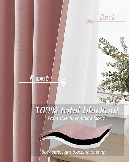 Guken Blackout Curtains 80 Inch Length 2 Panels Set for Living Room Bedroom Back Tab Thermal Insulated 100% Black Out Linen Drapes Room Darkening Window Curtains 80 Inches Long,Pink
