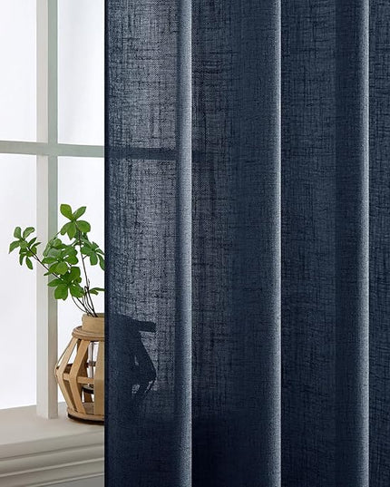 MIULEE Navy Blue Linen Curtains 54 Inch Length 2 Panels for Bedroom Living Room, Soft Thick Linen Textured Natural Short Window Drapes Semi Sheer Light Filtering Back Tab Rod Pocket Burlap Look Decor