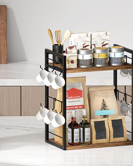 Dorhors 2 Tier Coffee Bar Accessories and Organizer,Multi-functional Mug Holder with 12 Hooks,Wood Coffee Station Organizer,Kitchen Countertop Shelf (Rustic Brown)
