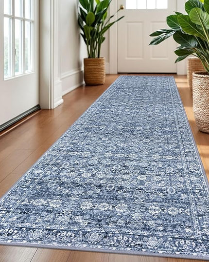 2.6x10 Runner Washable Rug for Kitchen, Blue Soft Classic Runner with Non-Slip, Non-Shedding Distressed Floral Rug for Hallways Entryway Bedroom Bathroom Laundry Indoor