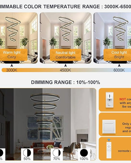 5-Rings Modern LED Chandelier Black Gold Dimmable Large High Ceiling Chandeliers Foyer, Remote Pendant Lighting for Foyer Entryway Dining Room Living Room Staircase(10-Ring Lighting, D29.5)