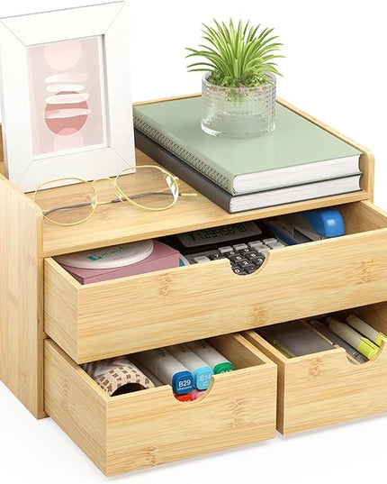 Wisuce Bamboo Desk Organizer - Mini Bamboo Desk Drawer Tabletop Cosmetic Storage Organization for Office or Home (Nature 3 Drawers)