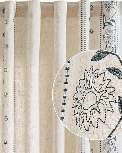 jinchan Winslow Linen Curtains 96 inches Long for Bedroom Embroidered Bordered Floral Curtains for Living Room Farmhouse Decor Light Filtering Window Treatments Blue on Beige Drapes 2 Panels