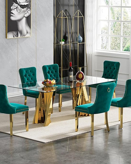 7 Piece Dining Table Set with 6 Green Dining Chairs, Modern Glass Kitchen Table and Chairs Set for 6, 70" Rectangle Gold Glass Pedestal Dining Room Tables with Flash-Shape Stainless Steel Base