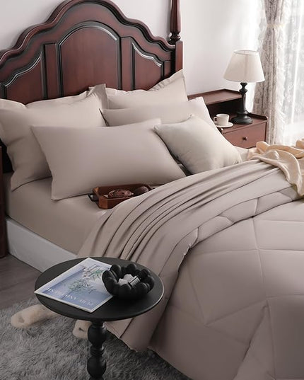NTBAY King Comforter Set with Sheets, 7 Pieces Soft and Breathable King Bedding Set, Bed in a Bag, Down Alternative Comforter Set Solid Color All Season, King Bedding Set, Taupe